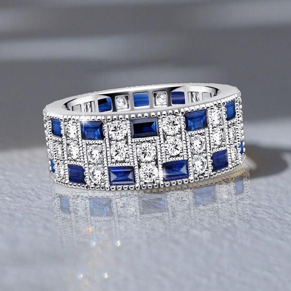 Milgrain Bezel Set Blue and White Sapphire Eternity Band Ring in Sterling Silver