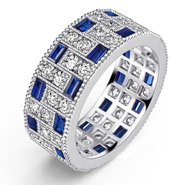 Milgrain Bezel Set Blue and White Sapphire Eternity Band Ring in Sterling Silver