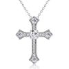 Sterling Silver Round Cut White Sapphire Cross Necklace for Women