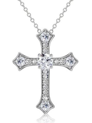 Sterling Silver Round Cut White Sapphire Cross Necklace for Women