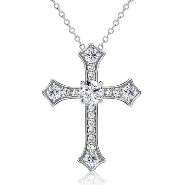 Sterling Silver Round Cut White Sapphire Cross Necklace for Women