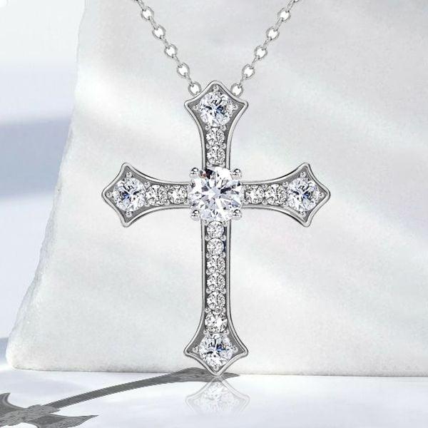 Sterling Silver Round Cut White Sapphire Cross Necklace for Women