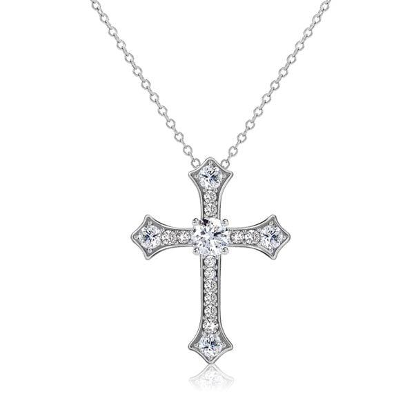 Sterling Silver Round Cut White Sapphire Cross Necklace for Women