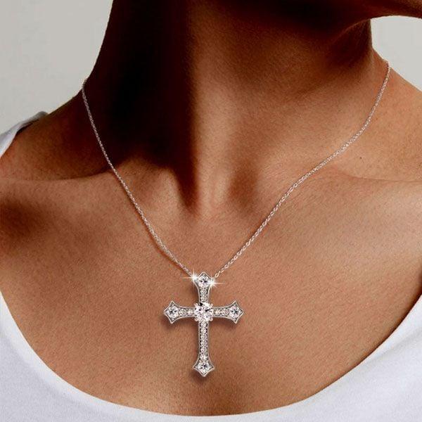 Sterling Silver Round Cut White Sapphire Cross Necklace for Women