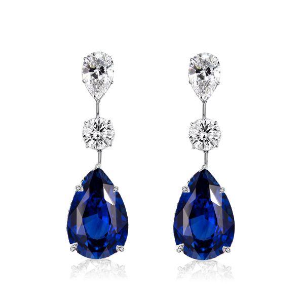 Pear Cut Blue & White Sapphire Drop Earrings in Sterling Silver