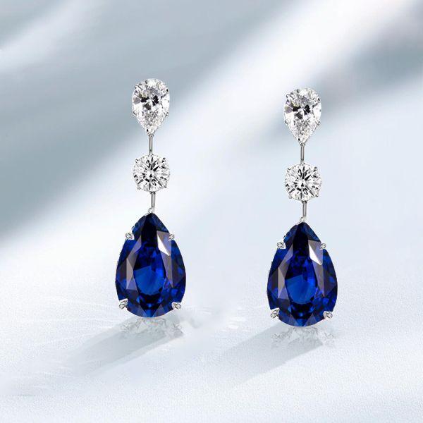 Pear Cut Blue & White Sapphire Drop Earrings in Sterling Silver
