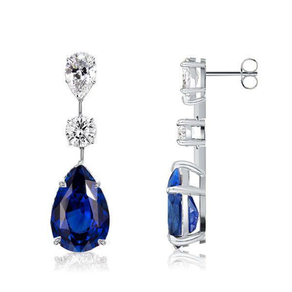 Pear Cut Blue & White Sapphire Drop Earrings in Sterling Silver
