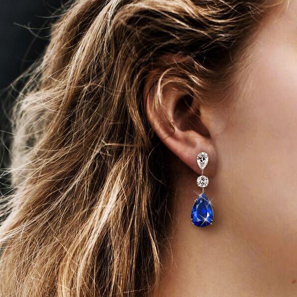 Pear Cut Blue & White Sapphire Drop Earrings in Sterling Silver