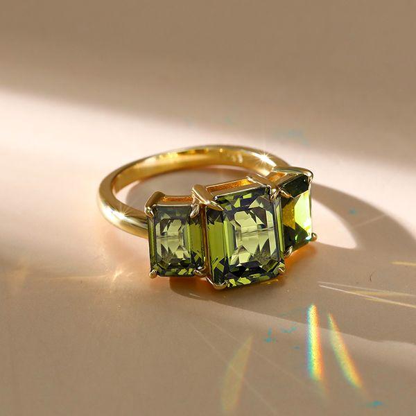 Three Stone Peridot Engagement Ring - 18K Gold Plated Sterling Silver