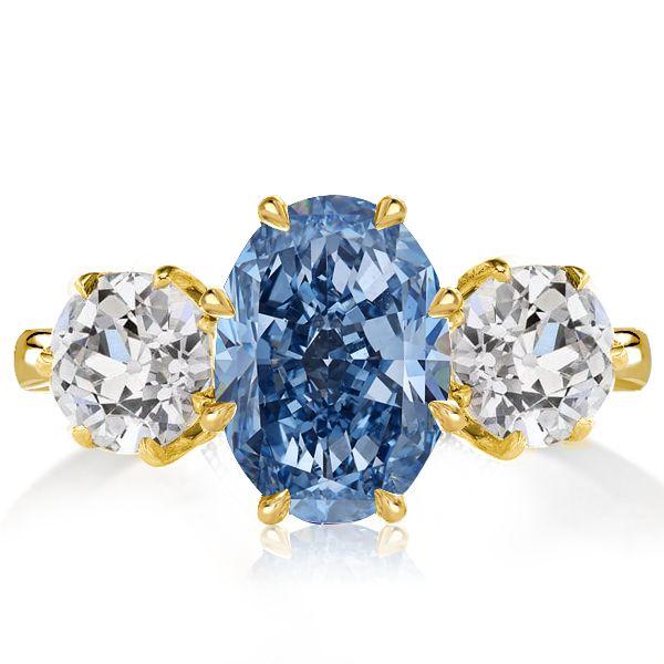Oval Blue Topaz Three Stone Engagement Ring - 18K Gold Plated Sterling Silver