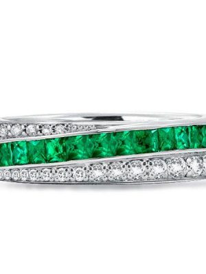 Emerald Green Eternity Band - 925 Sterling Silver Round & Princess Cut Wedding Ring