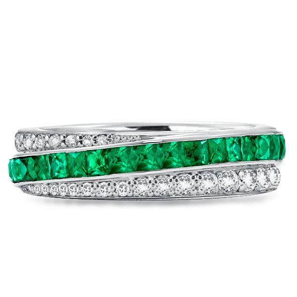 Emerald Green Eternity Band - 925 Sterling Silver Round & Princess Cut Wedding Ring