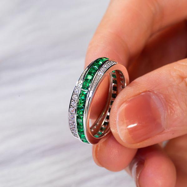 Emerald Green Eternity Band - 925 Sterling Silver Round & Princess Cut Wedding Ring
