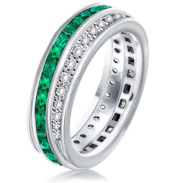 Emerald Green Eternity Band - 925 Sterling Silver Round & Princess Cut Wedding Ring