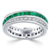 Emerald Green Eternity Band - 925 Sterling Silver Round & Princess Cut Wedding Ring