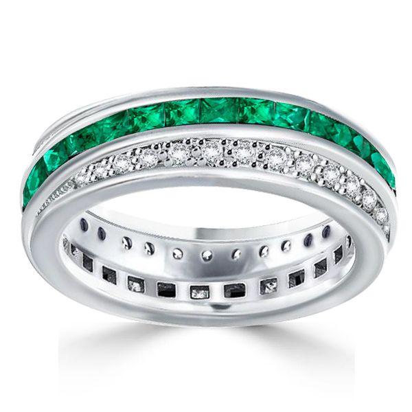 Emerald Green Eternity Band - 925 Sterling Silver Round & Princess Cut Wedding Ring