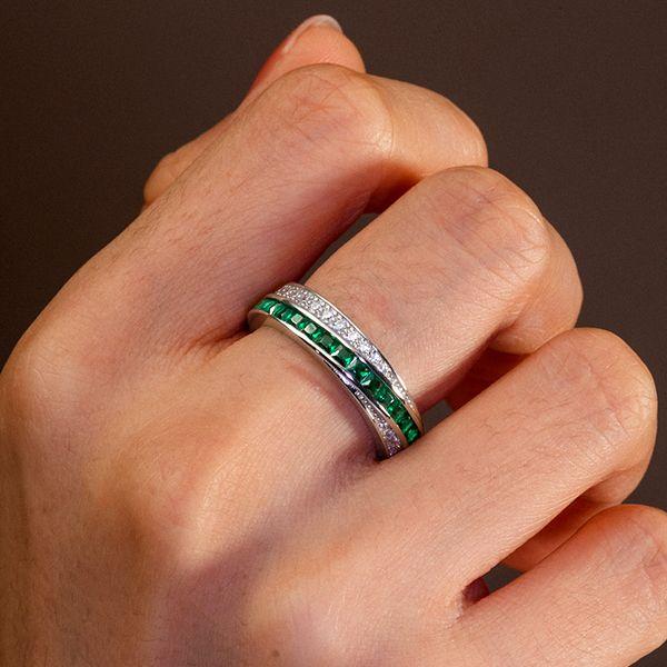 Emerald Green Eternity Band - 925 Sterling Silver Round & Princess Cut Wedding Ring