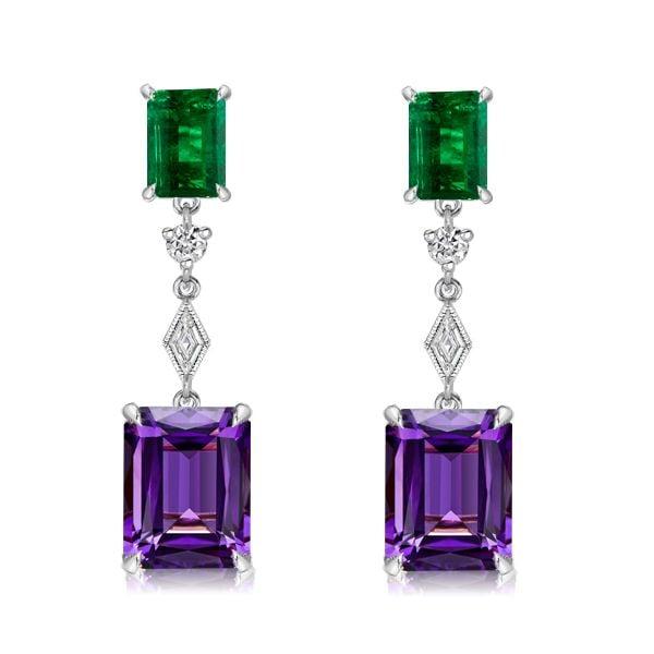 Emerald Cut Amethyst Drop Earrings for Women in Sterling Silver