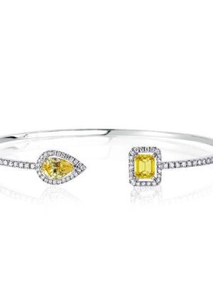 925 Sterling Silver Halo Bangle Bracelet with Pear & Emerald Cut Yellow Sapphire for Women