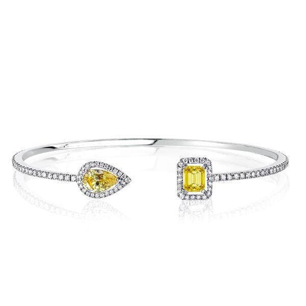 925 Sterling Silver Halo Bangle Bracelet with Pear & Emerald Cut Yellow Sapphire for Women