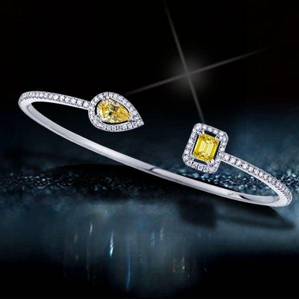 925 Sterling Silver Halo Bangle Bracelet with Pear & Emerald Cut Yellow Sapphire for Women