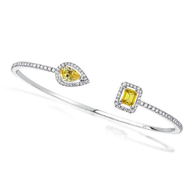 925 Sterling Silver Halo Bangle Bracelet with Pear & Emerald Cut Yellow Sapphire for Women