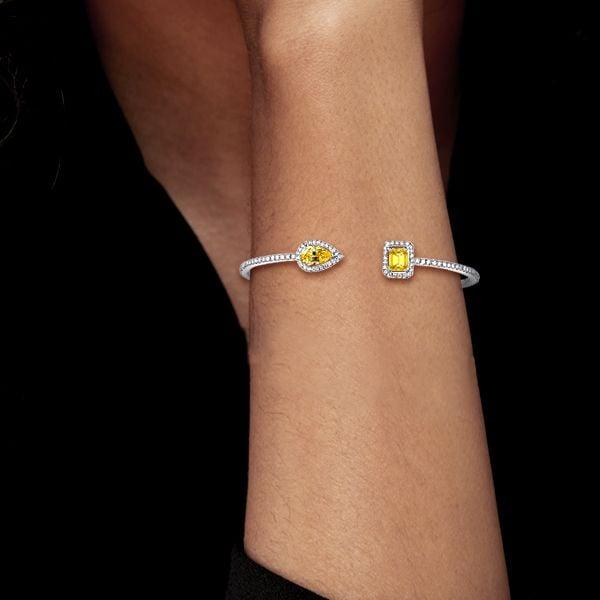 925 Sterling Silver Halo Bangle Bracelet with Pear & Emerald Cut Yellow Sapphire for Women