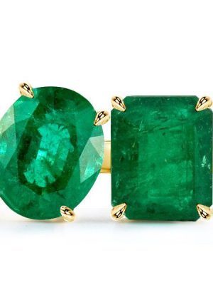 Golden Emerald & Oval Cut Twin Stone Engagement Ring - 18K Gold Plated Sterling Silver