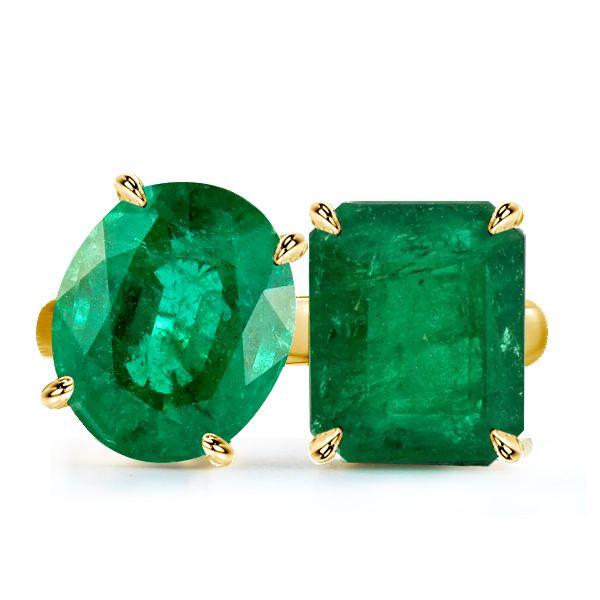 Golden Emerald & Oval Cut Twin Stone Engagement Ring - 18K Gold Plated Sterling Silver