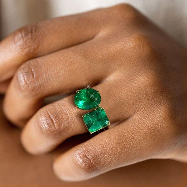 Golden Emerald & Oval Cut Twin Stone Engagement Ring - 18K Gold Plated Sterling Silver