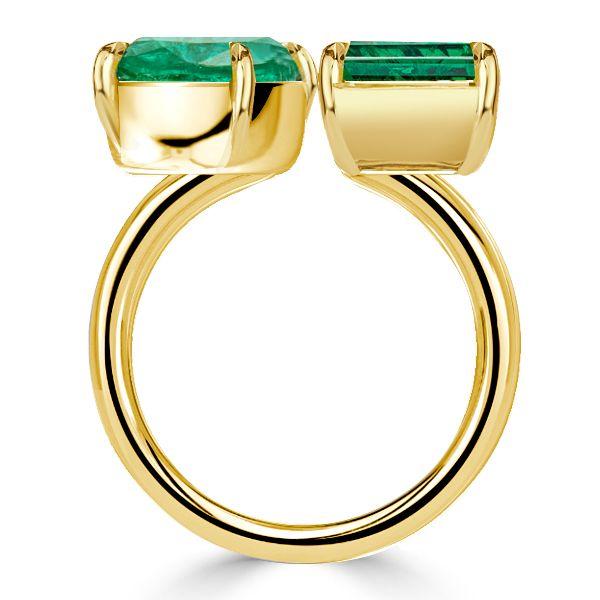 Golden Emerald & Oval Cut Twin Stone Engagement Ring - 18K Gold Plated Sterling Silver