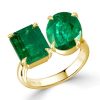 Golden Emerald & Oval Cut Twin Stone Engagement Ring - 18K Gold Plated Sterling Silver