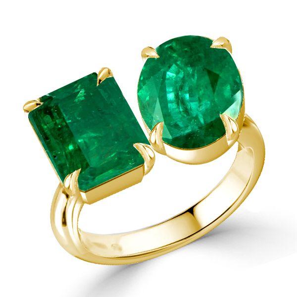Golden Emerald & Oval Cut Twin Stone Engagement Ring - 18K Gold Plated Sterling Silver