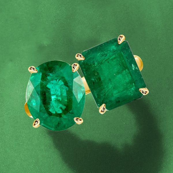 Golden Emerald & Oval Cut Twin Stone Engagement Ring - 18K Gold Plated Sterling Silver