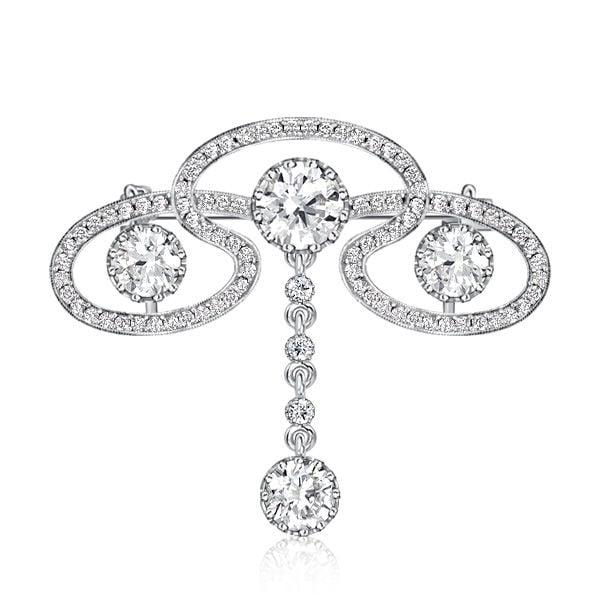 Elegant Round Cut Scroll Brooch in Rhodium Plated Sterling Silver Jewelry