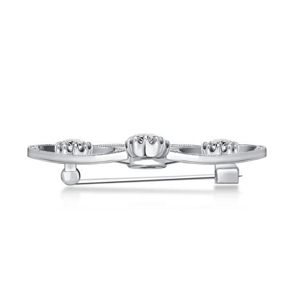 Elegant Round Cut Scroll Brooch in Rhodium Plated Sterling Silver Jewelry