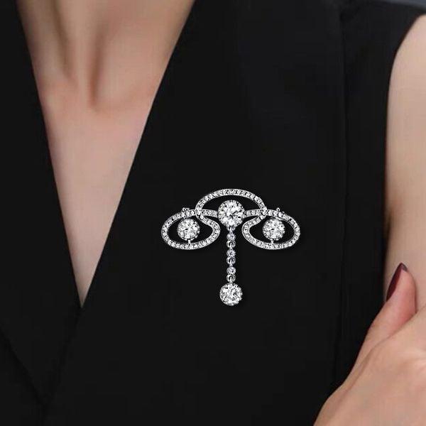 Elegant Round Cut Scroll Brooch in Rhodium Plated Sterling Silver Jewelry