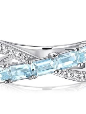 Baguette Cut Aquamarine Criss-Cross Wedding Band in 925 Sterling Silver