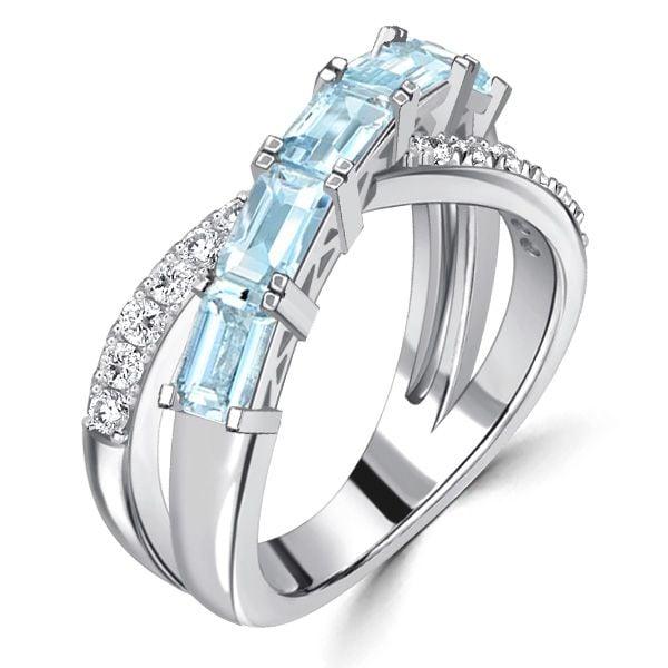 Baguette Cut Aquamarine Criss-Cross Wedding Band in 925 Sterling Silver