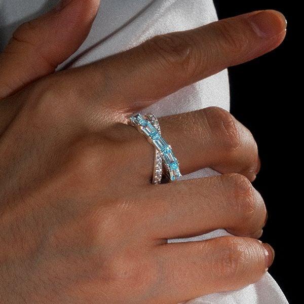 Baguette Cut Aquamarine Criss-Cross Wedding Band in 925 Sterling Silver