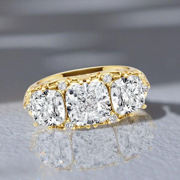 4.58 CT. TW. 3 Stone Cushion Cut Half Eternity Band Ring in 18K Gold Plated Sterling Silver
