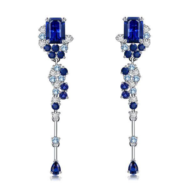 Emerald Cut Blue Drop Earrings - Sterling Silver Vintage Style Bosphorus Earrings