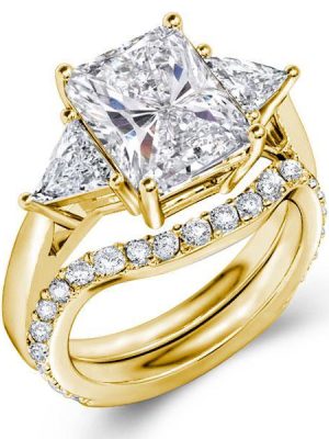 Radiant Cut Three Stone Engagement Ring Set - 18K Gold Plated Sterling Silver