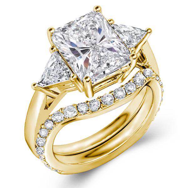 Radiant Cut Three Stone Engagement Ring Set - 18K Gold Plated Sterling Silver