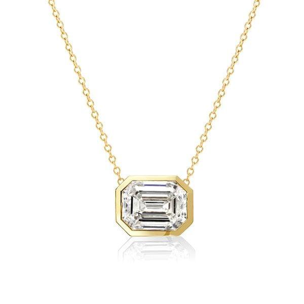 Emerald Cut Pendant Necklace with Golden Bezel Setting, 5.00 CTW, 18K Gold Plated Sterling Silver
