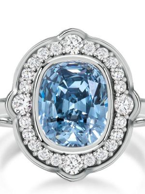 Vintage Halo Cushion Cut Blue Engagement Ring - Sterling Silver