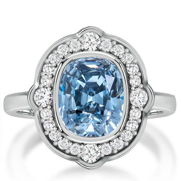 Vintage Halo Cushion Cut Blue Engagement Ring - Sterling Silver