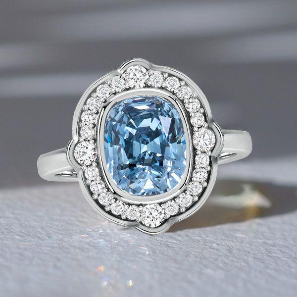 Vintage Halo Cushion Cut Blue Engagement Ring - Sterling Silver