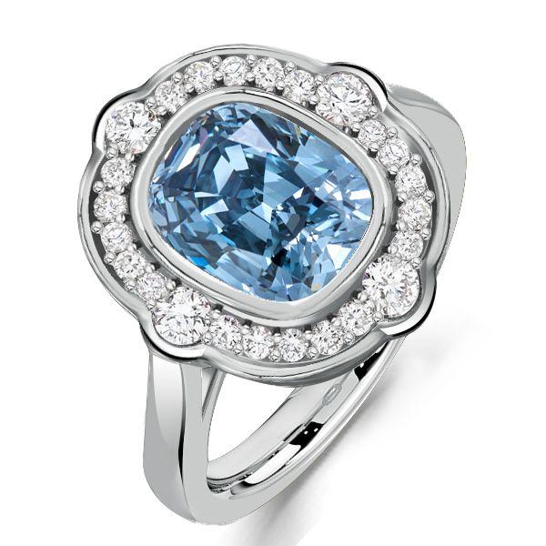 Vintage Halo Cushion Cut Blue Engagement Ring - Sterling Silver