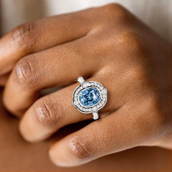 Vintage Halo Cushion Cut Blue Engagement Ring - Sterling Silver